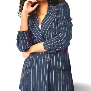NEW! Free People Ashby Blazer Linen Navy Double-Breasted Pinstripe Size Large.